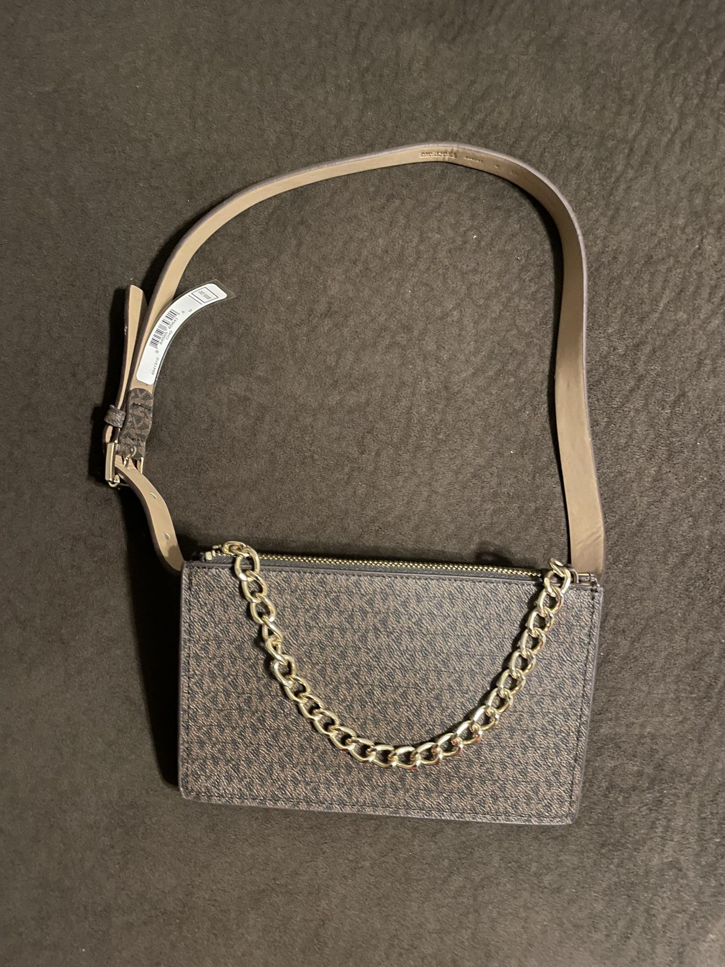 Michael Kors Brown MK Signature Fanny Pack Belt Bag Medium w/gold toned chain