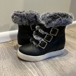 J/Slides NYC Black Buckle Boot With Faux Fur 