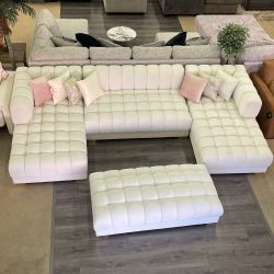 Lipa Ivory Velvet Double Chaise "U" Shape Sectional Sofa + Ottoman 