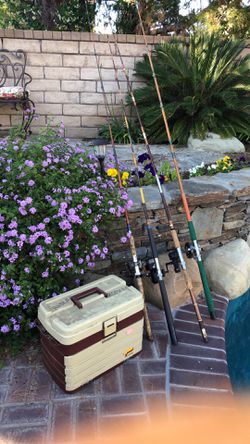 FOUR Fishing Rods and Reels with Plano Tackle Box with Lures