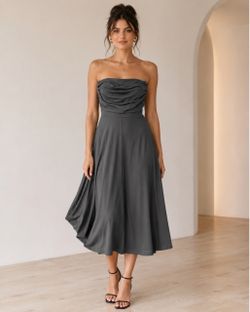 118 | XL  Charcoal Strapless Ruched Midi Dress