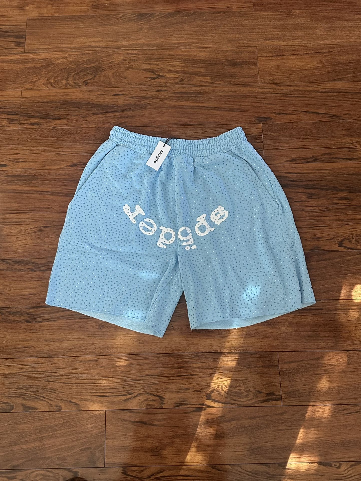 Sky Blue VVS Rhinestone Sp5der Shorts 
