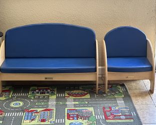 Toddler/kids Wooden Sofa & Chair Set With Vinyl Cushions & Book Holders