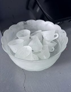 Ceramic punch bowl with glasses