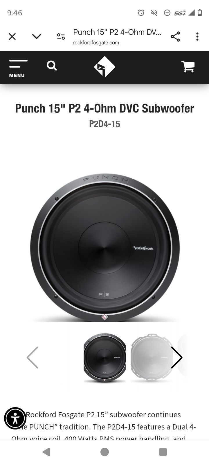15" Rockford Fosgate P2 Subwoofer (Kicker Pioneer Kenwood Alpine Punch Jl Audio Re Fi skar Taramps Bass Amplifier Car Stereo Epicenter System Hifonics