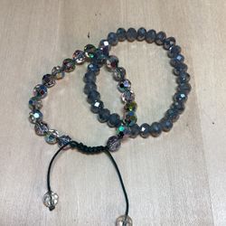 Set Of 2 Sparkly Faceted Glass Gray Bead Stretch Bracelets