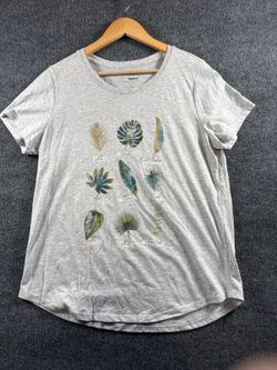 Womens Large Gray Botanical Leaf Graphic T Shirt Short Sleeve Nature Tee