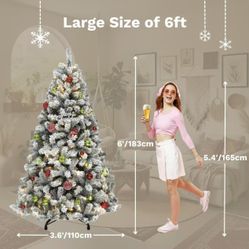 ✌️ Flocked Christmas Tree Prelit 6ft, Atificial Christmas Tree with 250 LED Lights Includes Metal Stand, Full Flocked Xmaxs Trees with 1000 Branch Tip