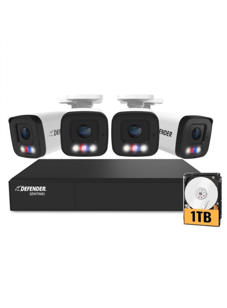 Defender AI Powered Sentinel 4k Poe Security Camera Wired System Surveillance 4 PC Cam, 8 Channel, Mobile App, Weatherproof, 1TB Hard drive, Human De