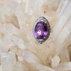 Amethyst And White Topaz Solid Sterling Silver Ring Size 8