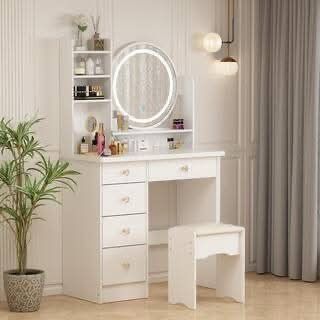 NEW - 5-Drawers White Wood Makeup Vanity Set Dressing Desk W/ Stool, LED Round Mirror and Storage Shelves