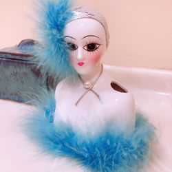 New Old Stock In Box Art Deco Hand Painted Woman With Feathers Porcelain Vase.