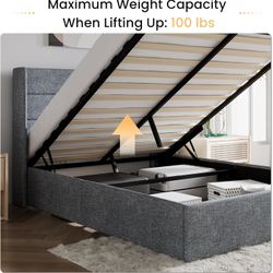 Full Size Lift Up Storage Bed/Modern Wingback Headboard/Upholstered Platform Bed Frame/Hydraulic Storage/No Box Spring Needed/Wood Slats Sup