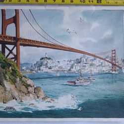 40s Original Signed JAMES MARCH PHILLIPS Realistic Watercolor of San Francisco's Golden Gate Bridge on a Stormy Day 