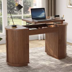 59 Inches Office Desk with Lift Top, Fluted Executive Desk Walnut Home Office Desk w/Charging Outlets, Mid-Century Modern Computer Desk with Storage,