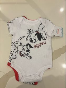Disney Baby 101 Dalmatians bodysuit in white featuring graphic puppy illustrations, 3-6 months