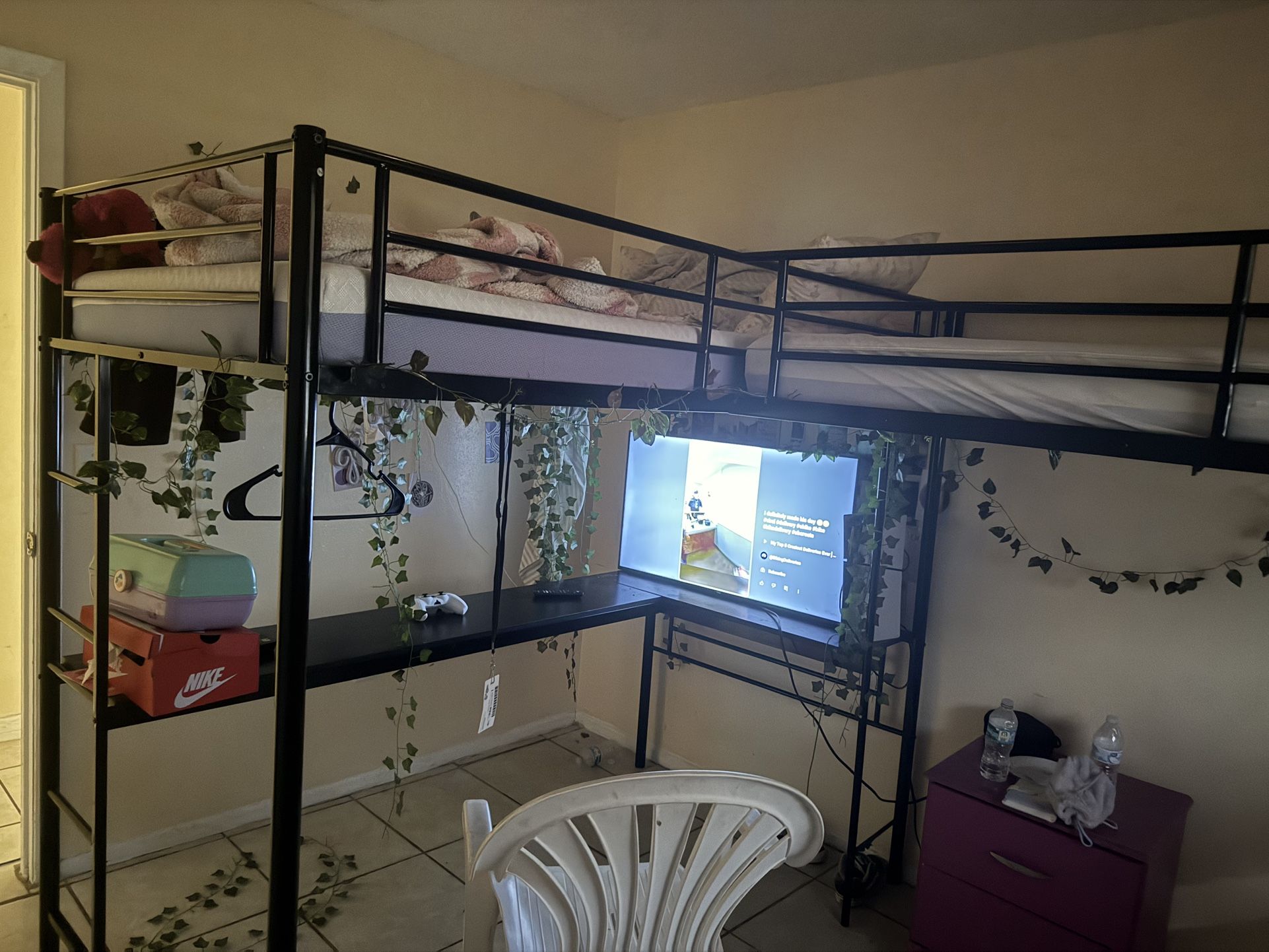 L Shaped Loft Bed With Desk And Mattresses