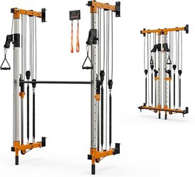 Wall-Mounted Folding Smith Machine Home Gym, All-in-One Compact Power Cage & Cable Pulley Trainer with 125–250LB Dual-User Resistance Band