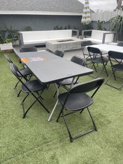 Black 6ft foldable table with 6 foldable chairs + table cover