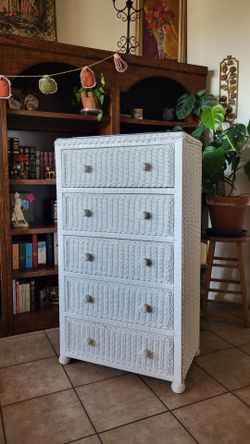 White Rattan 5 Drawer Dresser