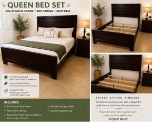 Solid Wood Queen Bed Frame with Mattress and Box Spring