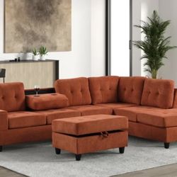 Orange Sectional With Ottoman