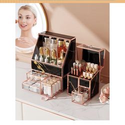 Beautiful Black with glass and gold plated metal framework Make up organizer 