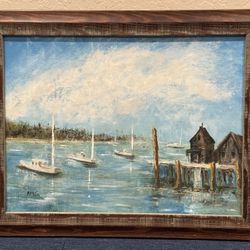 Superb Original Vintage Rustic Harborscape Oil Painting signed "P.M.G."
