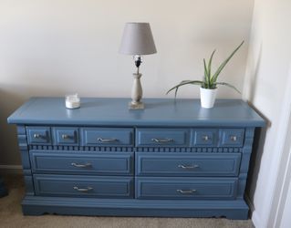 Refurbished Blue Teal 6 Drawer 64” Dresser Solid Wood  With New Silver Pull Handles & Electric With USB 