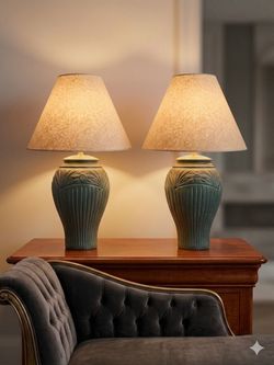 Pair of Vintage-Style Sage Green Ceramic Table Lamps