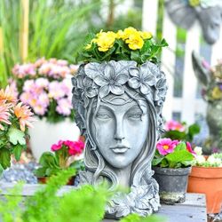 Sungmor Beautiful & Attractive Goddess Head Planter, 8.9 by 13 Inch Large Deep Growing Space Flower Pot, Pretty Face Figurine Plant Pot, Dry Flower Va