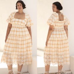 NWT $188 By Anthropologie Yellow Puff-Sleeve Eyelet Pullover Midi Dress 2X
