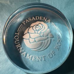 Pasadena Tournament of Roses half Dome Paperweight Clear Glass Etched