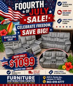 Fourth of July sale now. Barcelona gray reclining sofa and loveseat set $1099. Easy finance. Same-day delivery.