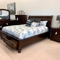 Flynnter Medium Brown Storage Platform Sleigh Bedroom Set (Queen and King Bed Frame