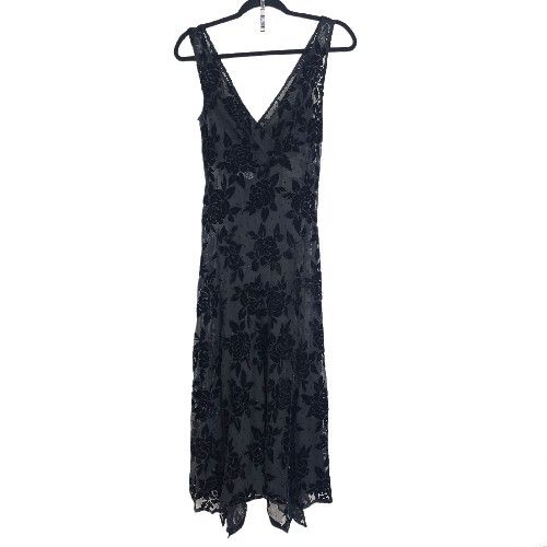 Robbie Bee Slip Dress Vintage Black Velour Floral Burnout Sheer Midi Y2K 90s 
