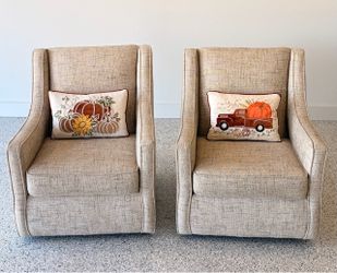 Pair of Beige Tweed Wingback Swivel Accent Chairs