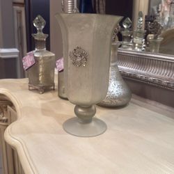 Frosted Glass Pedestal Vase / Candle Holder with Jewel Accent