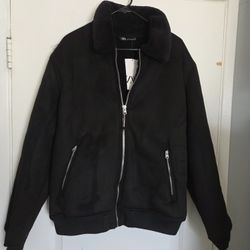 Men's XL Zara Jacket Faux Suede Sherpa Black 