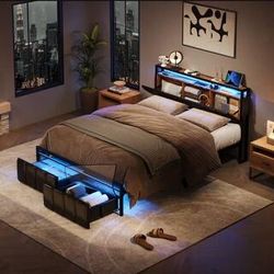 Metal Frame Full Size Platform Bed with Charge Station and Storage Headboard and Drawers Rustic Brown
