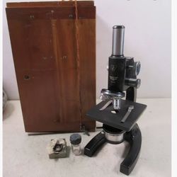 Vintage Bausch and Lomb 1930's Monocular Microscope with wooden carry case