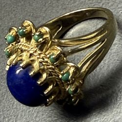 Elegant 14K Gold Ring with Lapis and Turquoise Stones