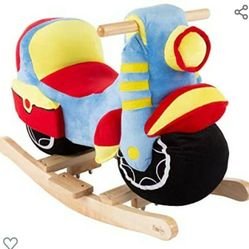 Happy Trails Rocking Motorcycle Toy - Kids Plush Stuffed Ride On Wooden Rocker and Handles - Fun for Boys, Girls, Toddlers

