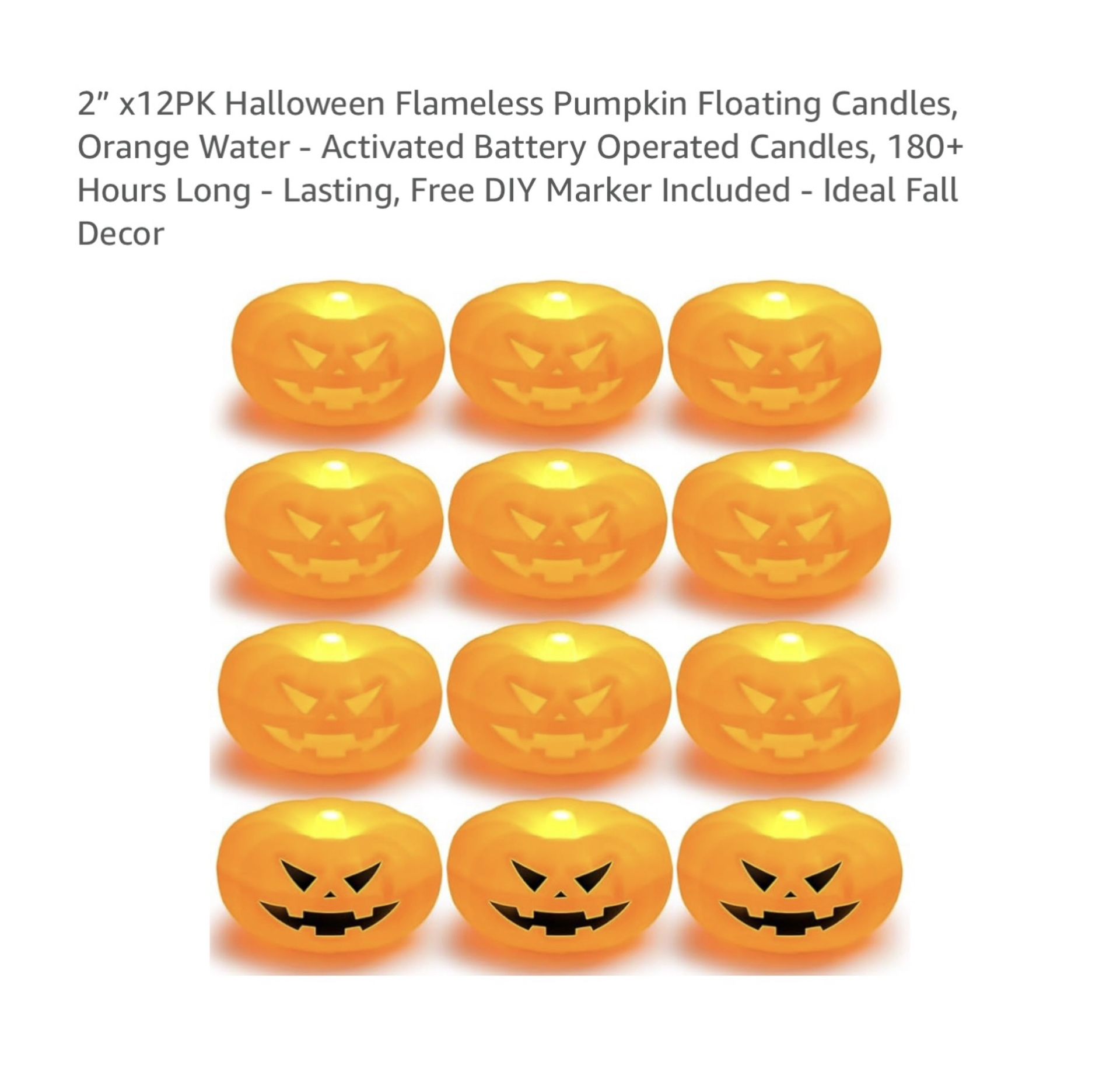 Brand new 2” x12PK Halloween Flameless Pumpkin Floating Candles, Orange Water - Activated Battery Operated Candles, 180+ Hours Long - Lasting, Free DI