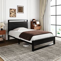 Twin Platform Bed Frame with Wooden Headboard and 13 Strong Steel Slats Support, Black Oak