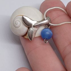 New Whale Tail Shell Necklace With Blue Stone Bead On Silver 19" plated Chain