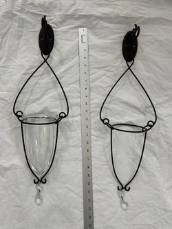 Pottery Barn black metal hanging wall vase with crystal drops
