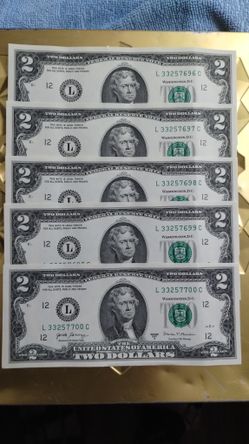 In circulate, Two Dollar Bill, Series 2017 A  Consecutive Sequence 5 Two Dollar Bill 