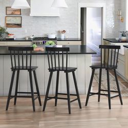 Set of 3 Windsor Wooden Bar Stools, Farmhouse 24 Inch Counter Height Stools Chairs with Spindle Back, Black