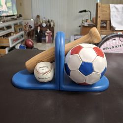 Set Of Wooden Bookends With Soccer Ball, Baseball Bat & Ball - Perfect For Kids Room Or Den , Sports Decor 7.5" X 7.5" X 5.25"